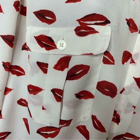 Joie Lips Top Button Up Top V-Neck Roll Tab Long Sleeve Pockets White Red Large - Picture 6 of 12